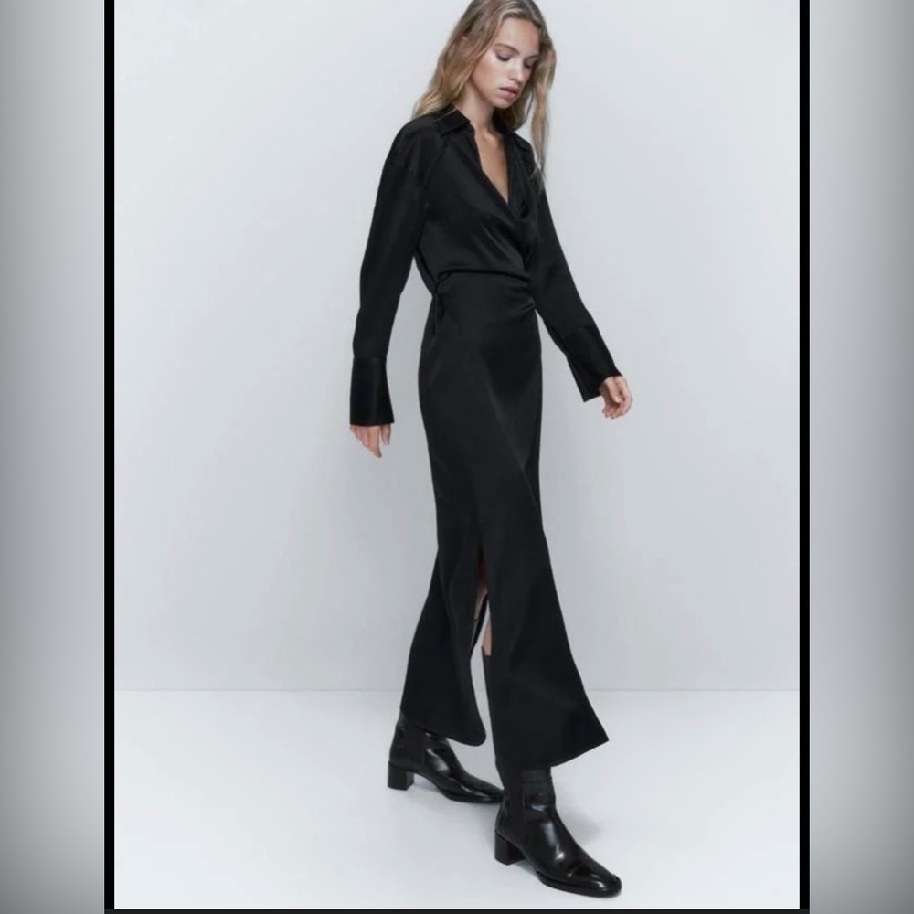 Massimo Dutti Black Long Wrap Dress XS Viscose Side Tie
